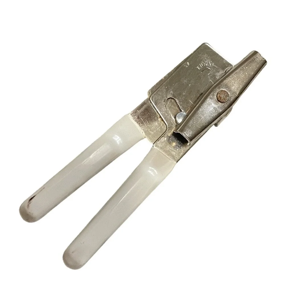 Vintage Swing-A-Way Manual Hand Can Opener White Handles Swing Away USA Made